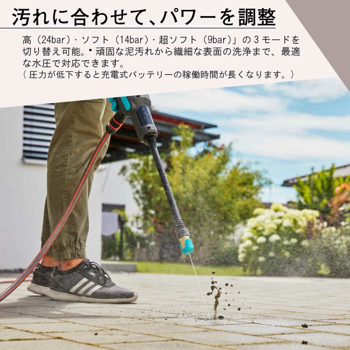  GARDENA ガルデナバッテリー付き充電式高圧洗浄機 充電式 18V コードレス 家庭用 コンセント不要 庭 車 掃除 ベランダ 自転車 ハイパワー