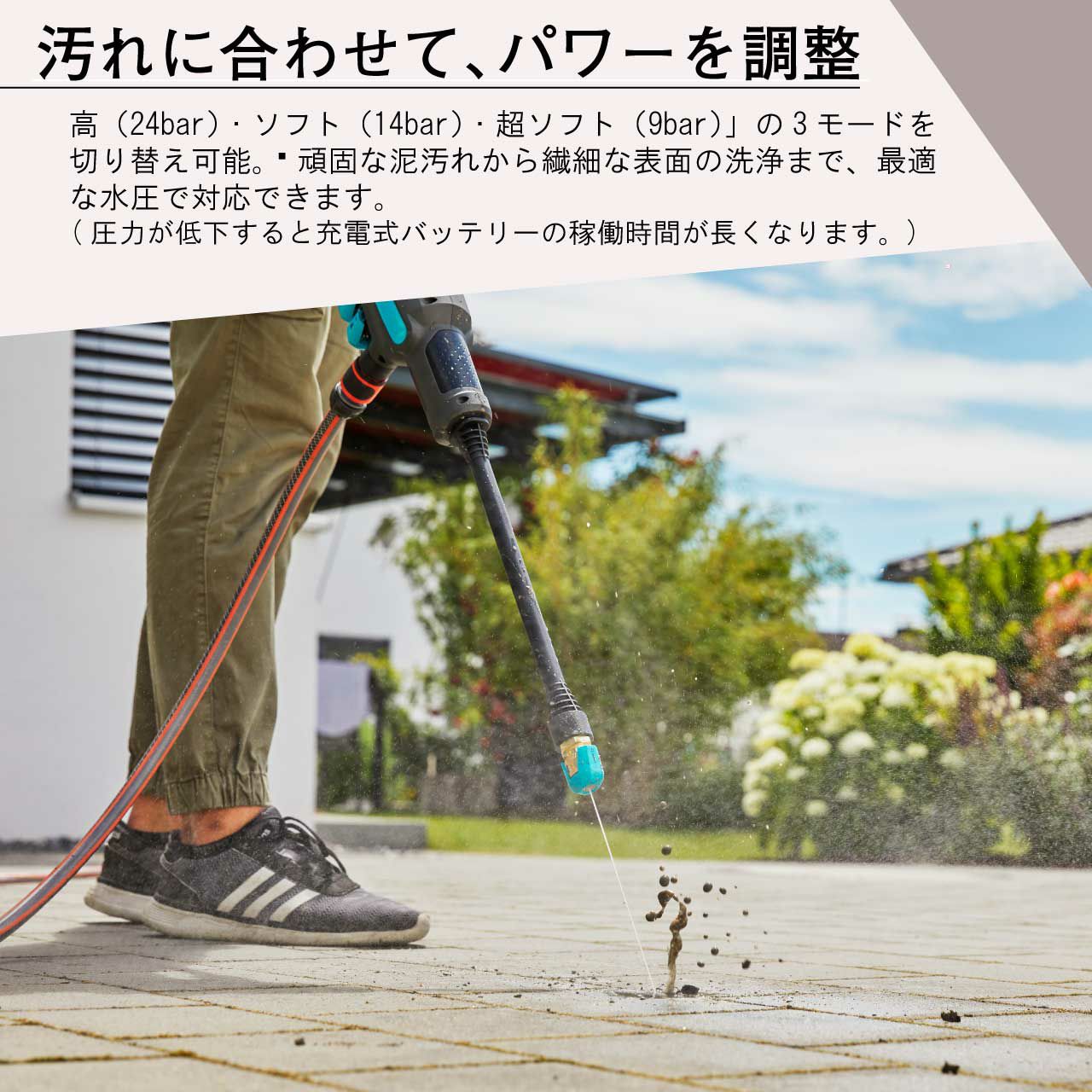  GARDENA ガルデナバッテリー付き充電式高圧洗浄機 充電式 18V コードレス 家庭用 コンセント不要 庭 車 掃除 ベランダ 自転車 ハイパワー