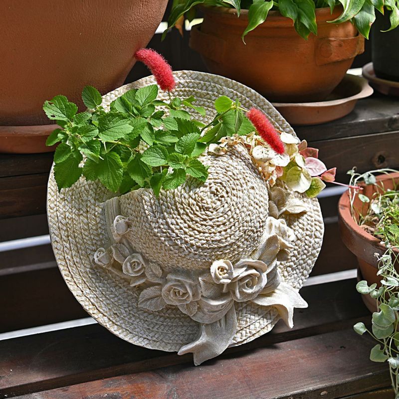 麦わら帽子のガーデンオブジェ ストローハット オフホワイト ハット型